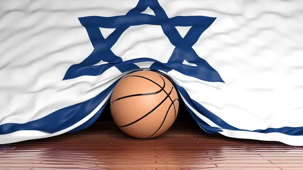 Balle de basket avec drapeau d'Israël sur parquet — Photo