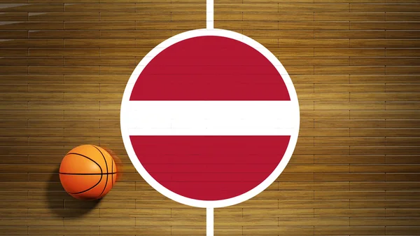 Basketball court parquet floor center with flag of Latvia — Stock Photo, Image