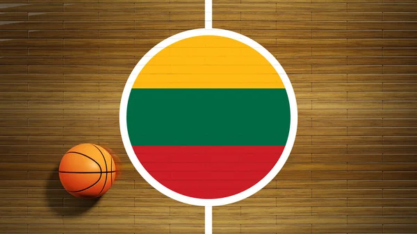 Basketbal soudu parketové podlahové centrum s vlajkou Litvy — Stock fotografie