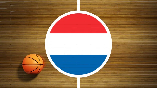 Basketball court parquet floor center with flag of Netherlands — Stock Photo, Image