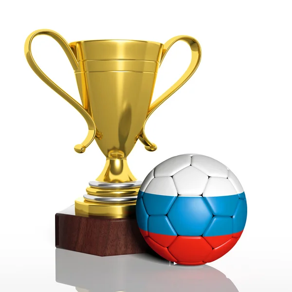 Zlatá trofej a míč s vlajka Ruska, samostatný — Stock fotografie