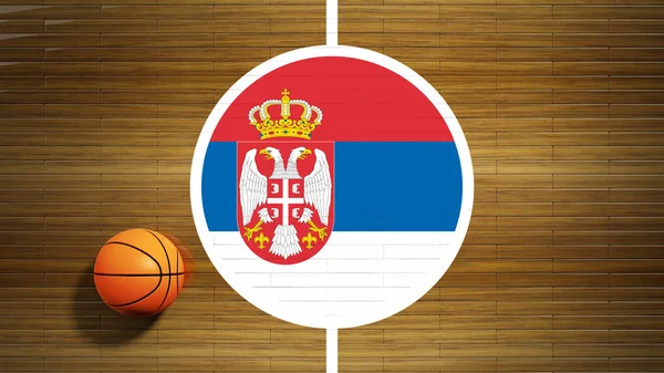 Basketball court parquet floor center with flag of Serbia — Stock Photo, Image