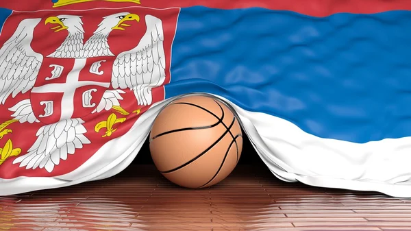 Pallone da basket con bandiera della Serbia sul pavimento in parquet — Foto Stock