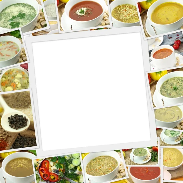 Coleção de fotos de diferentes tipos de sopa com espaço de cópia — Fotografia de Stock