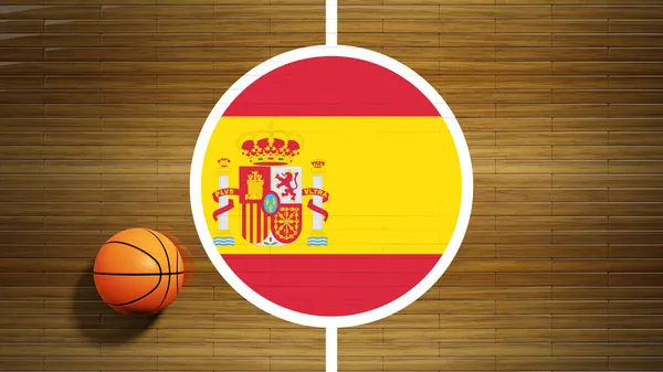 Basketball court parquet floor center with flag of Spain — Stock Photo, Image