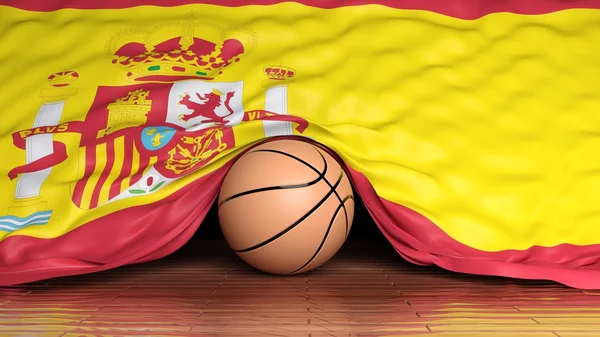 Balle de basket avec drapeau d'Espagne sur parquet — Photo