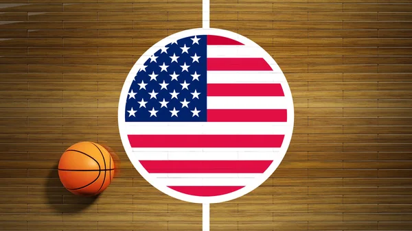 यूएसए ध्वज सह बास्केटबॉल कोर्ट पार्क्वेट फ्लोर सेंटर — स्टॉक फोटो, इमेज