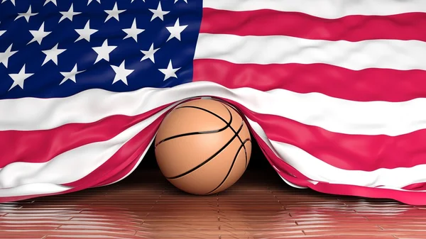 寄せ木細工の床に米国の旗とバスケット ボール — ストック写真