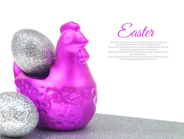 Chicken with silver eggs Easter decoration with copy-space — Stock Photo, Image