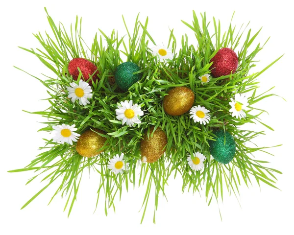 Uova di Pasqua, fiori ed erba isolati su bianco — Foto Stock