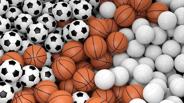 Volleyball, basketball and soccer balls piled — Stock Photo, Image