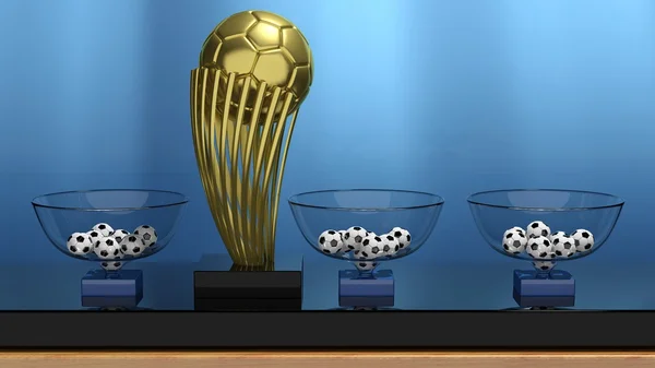 Arany labdát trófeát és lottó kosarak a futball-labdák. — Stock Fotó