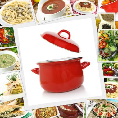 çeşitli yemekler ve kırmızı pot ile kolaj 