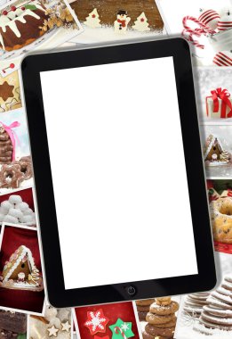 çeşitli kış tatil çöl fotoğraf ve tablet ile kolaj