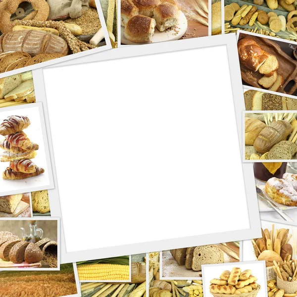 Collage con prodotti da forno e cornice bianca al centro — Foto Stock