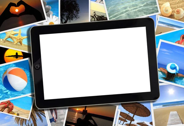 Kollázs, különböző nyári utazási fotózás és tablet — Stock Fotó