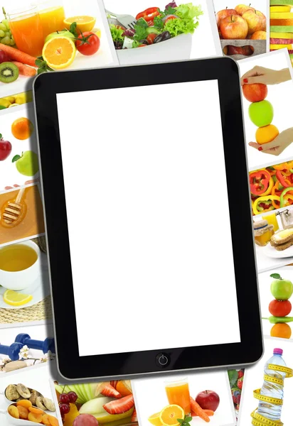 Collage con vari alimenti sani e tablet con schermo bianco — Foto Stock