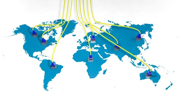 Карта світу з декількома точками доступу до Інтернету та кабелями — стокове фото