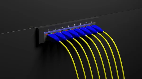 Mehrere Netzwerkstecker mit Kabeln isoliert auf schwarz — Stockfoto