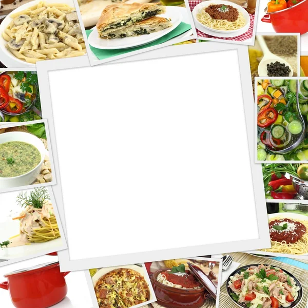 Collage with various dishes and blank frame in the middle — Stock Photo, Image