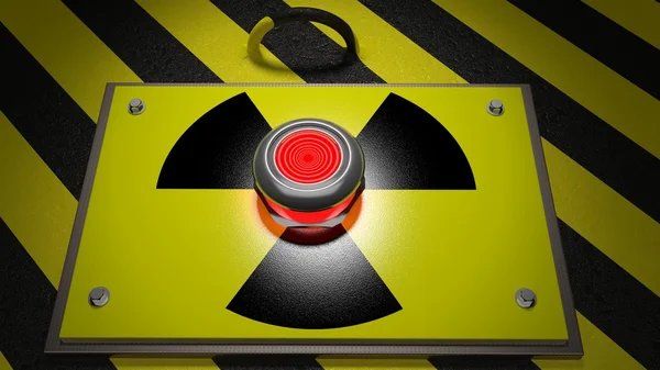 Nuclear warning sign with red button background — Stock Photo, Image