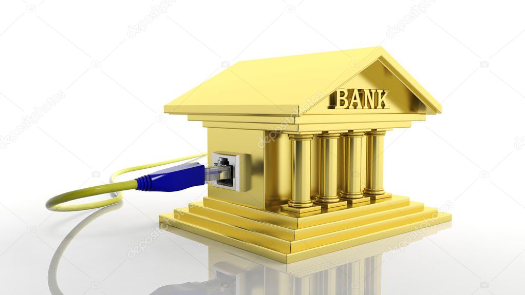 Gold bank icon with internet access plug isolated 