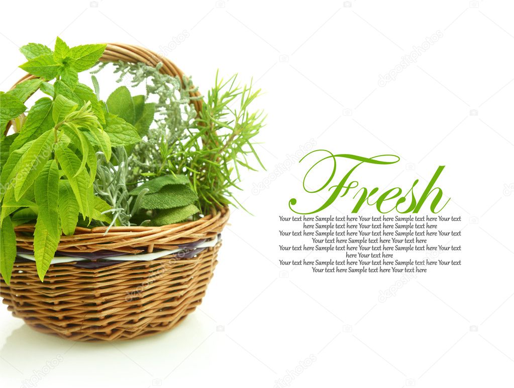 Fresh herbs in a wicker basket