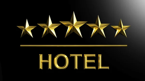Cinco estrellas doradas y la palabra Hotel aislado en negro — Foto de Stock
