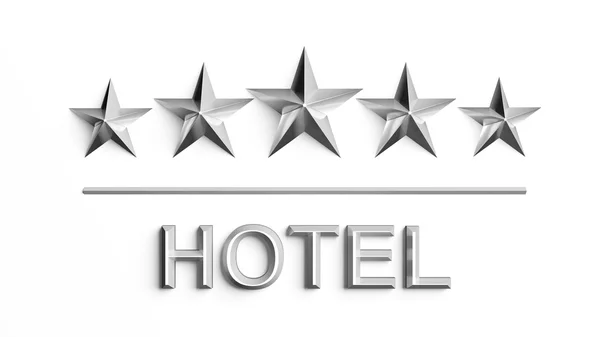 5 つの銀製の星、白で隔離される単語のホテル — ストック写真