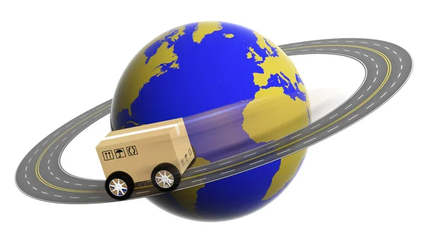 Earth circled by highway with box on wheels isolated — Stock Photo, Image