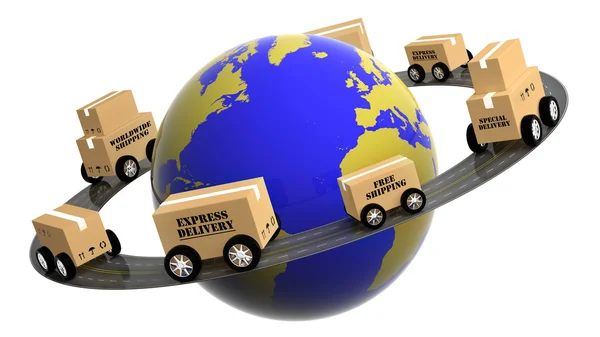 Earth circled by highway with boxes on wheels isolated — Stock Photo, Image