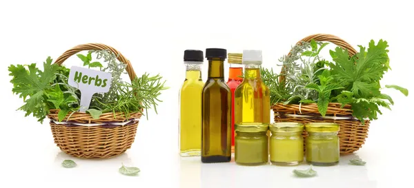 Fresh Herbs Wicker Basket Natural Cosmetics White Background — Stock Photo, Image