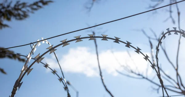 Clôture Fil Fer Barbelé Contre Ciel Nuageux Flou — Photo