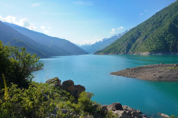 Lago único de montanha azul escuro com uma grama verde na costa alta — Fotografia de Stock