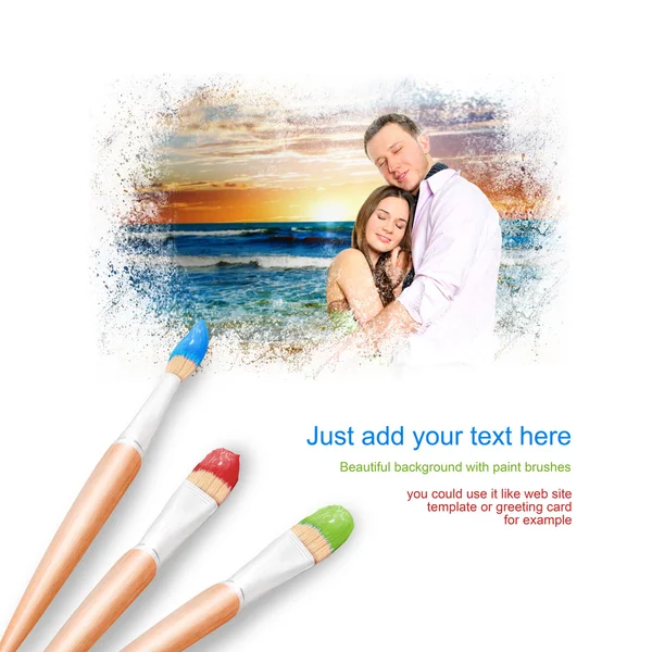 White background with three paintbrushes painting portrait of be — Stock Photo, Image