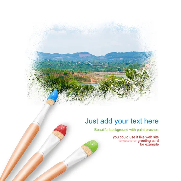 White background with three paintbrushes painting beautiful land — Stock Photo, Image