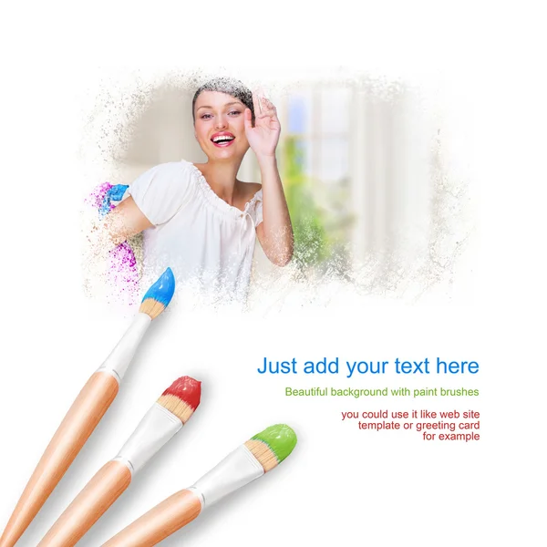 White background with three paintbrushes painting young woman at — Stock Photo, Image