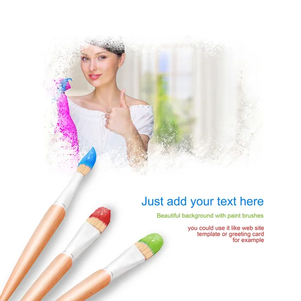 White background with three paintbrushes painting young woman at — Stock Photo, Image