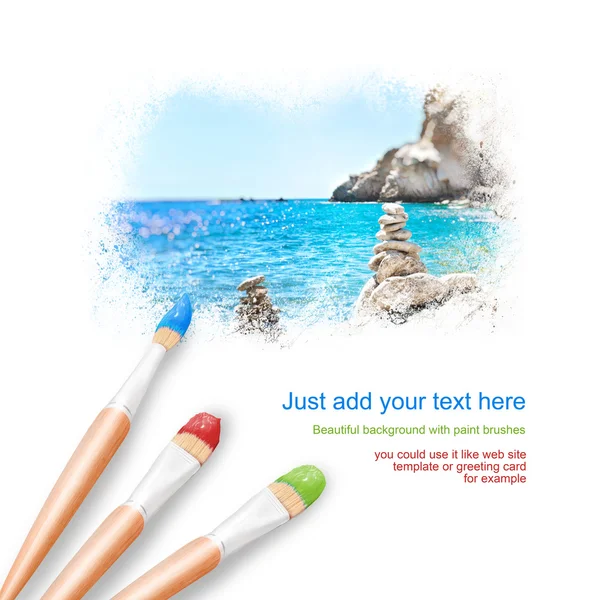 White background with three paintbrushes painting an idyllic sea — Stock Photo, Image