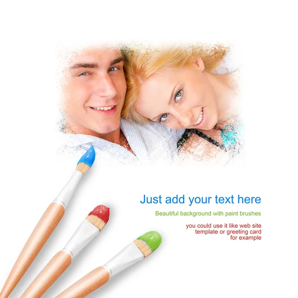 White background with three paintbrushes painting young loving c — Stock Photo, Image