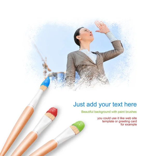 White background with three paintbrushes painting portrait of be — Stock Photo, Image