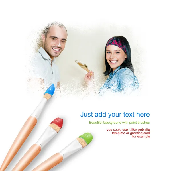 White background with three paintbrushes painting portrait of be Stock Photo