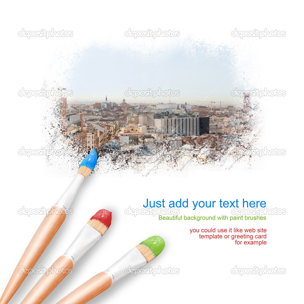 White background with three paintbrushes painting beautiful view