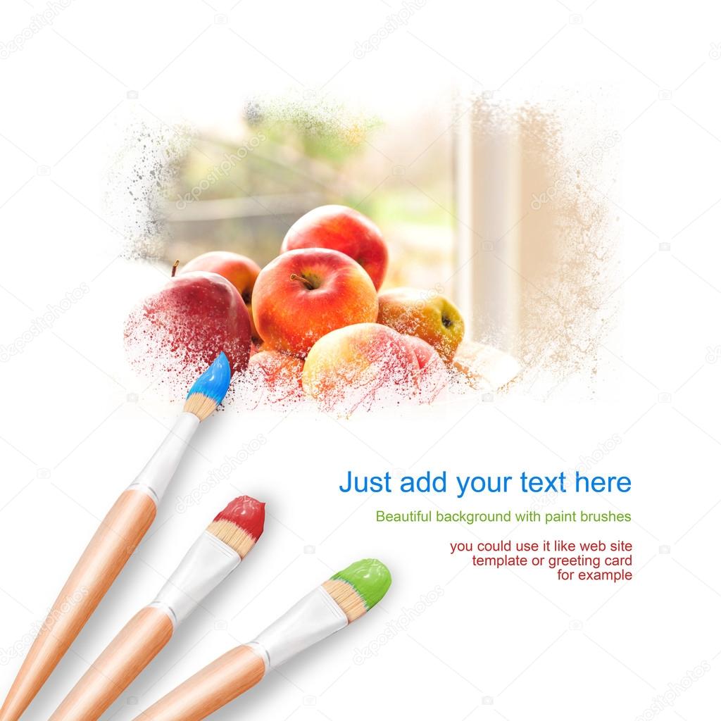 White background with three paintbrushes painting apples