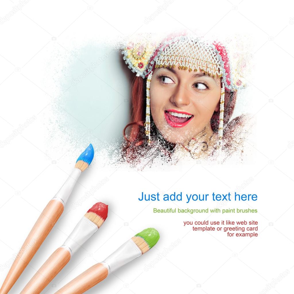 White background with three paintbrushes painting portrait of beautiful young woman wearing russian traditional jewelry hat kokoshnik