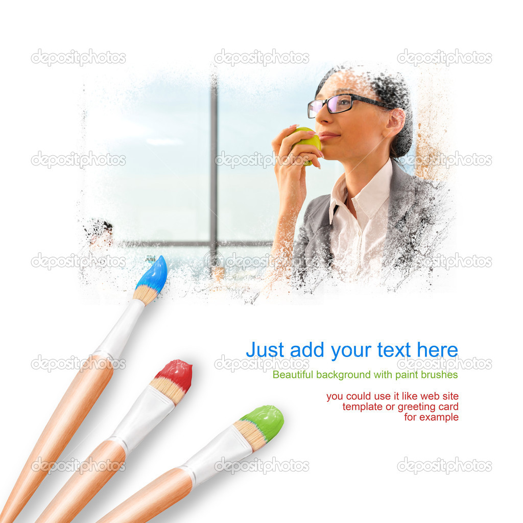 White background with three paintbrushes painting portrait of be