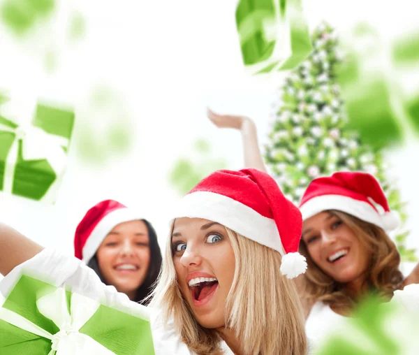 Excited attractive three women with many gift boxes and bags fal — Stock Photo, Image