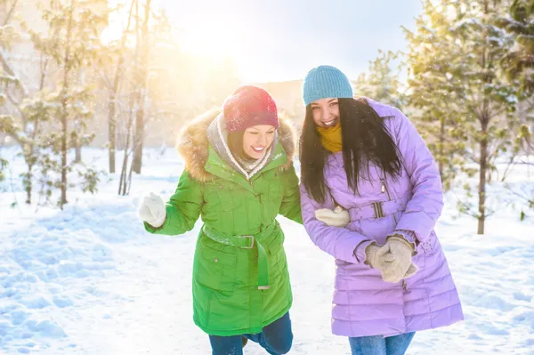 冬の公園で楽しんで 2 つの幸せな若い女の子 — ストック写真