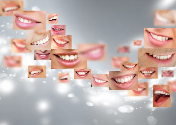 Visages de sourire dans le décor. Des dents saines. Souriez. — Photo