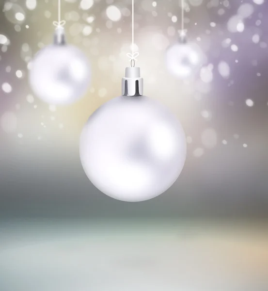 Bolas de Natal penduradas com fitas em fundo abstrato — Fotografia de Stock